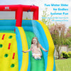 Inflatable water park with double slide, climbing wall, and sprayers for fun summer play in a large splash pool.