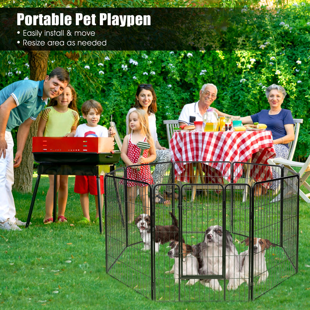 Heavy-duty 8-panel pet playpen with door, rust-resistant metal, ideal for outdoor use and easy to assemble.