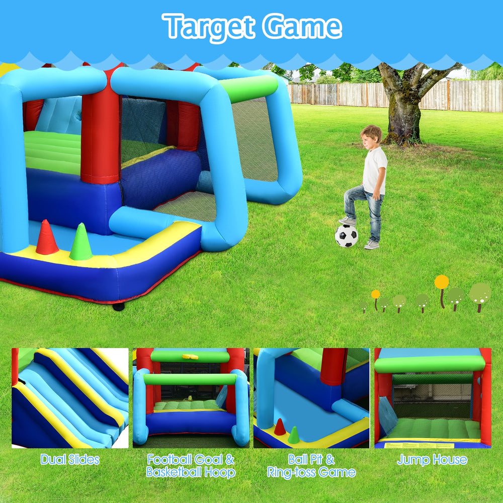 Inflatable jumping castle featuring target and ring-toss games, perfect for active playtime and outdoor adventures.