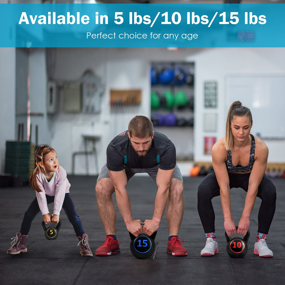 Kettlebell weight set featuring 5, 10, and 15 lbs options, ideal for strength training and full body workouts.