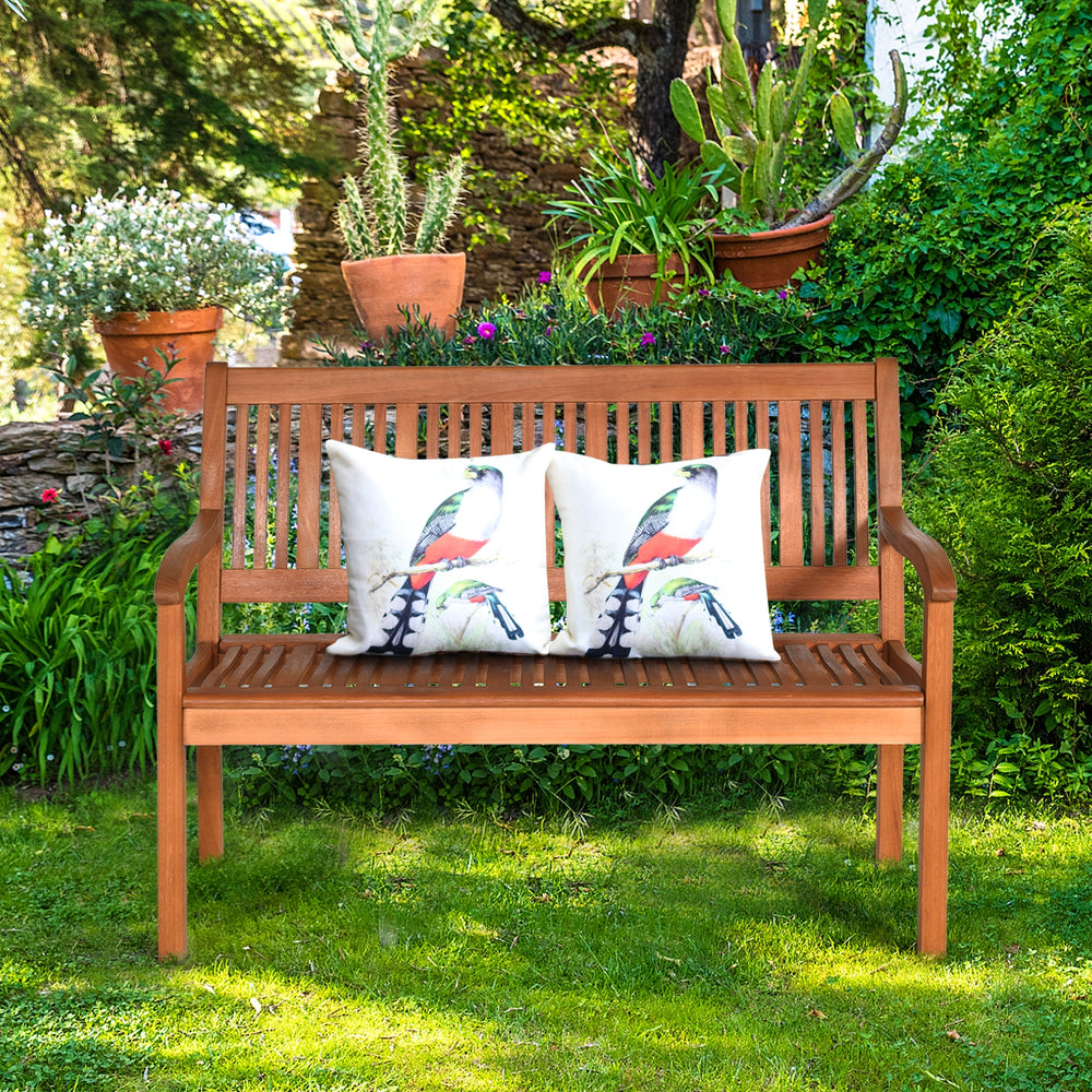 Two-person solid wood garden bench with curved backrest and wide armrests, featuring natural teak color, for outdoor.