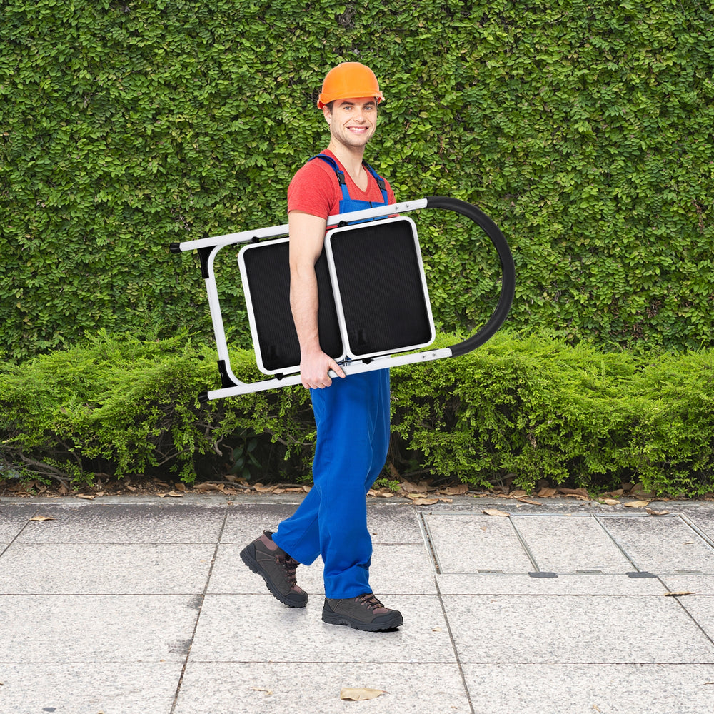Folding step stool with iron frame, anti-slip pedals, and lightweight design, ideal for home and office tasks.