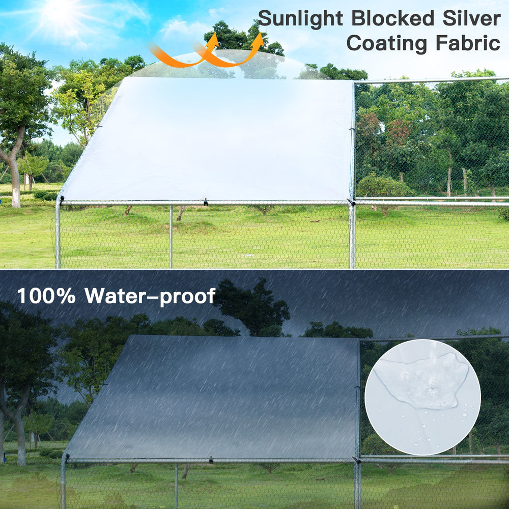Walk-in chicken coop with waterproof cover, 13 x 13 feet, made of UV-protected polyethylene for outdoor backyard use.