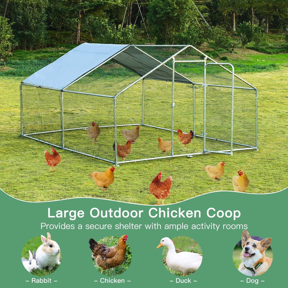 Large outdoor chicken coop with roof cover, featuring PVC coated wire mesh for safety and ample space for chickens.