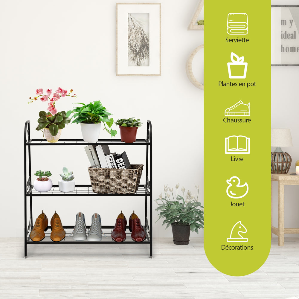 3-tier metal plant stand shelf displaying plants, shoes, and decorations, featuring a sturdy steel frame for indoor or.
