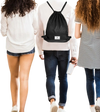 Drawstring backpack in black with zipper pockets, perfect for gym, yoga, and outdoor activities, shown from the back.