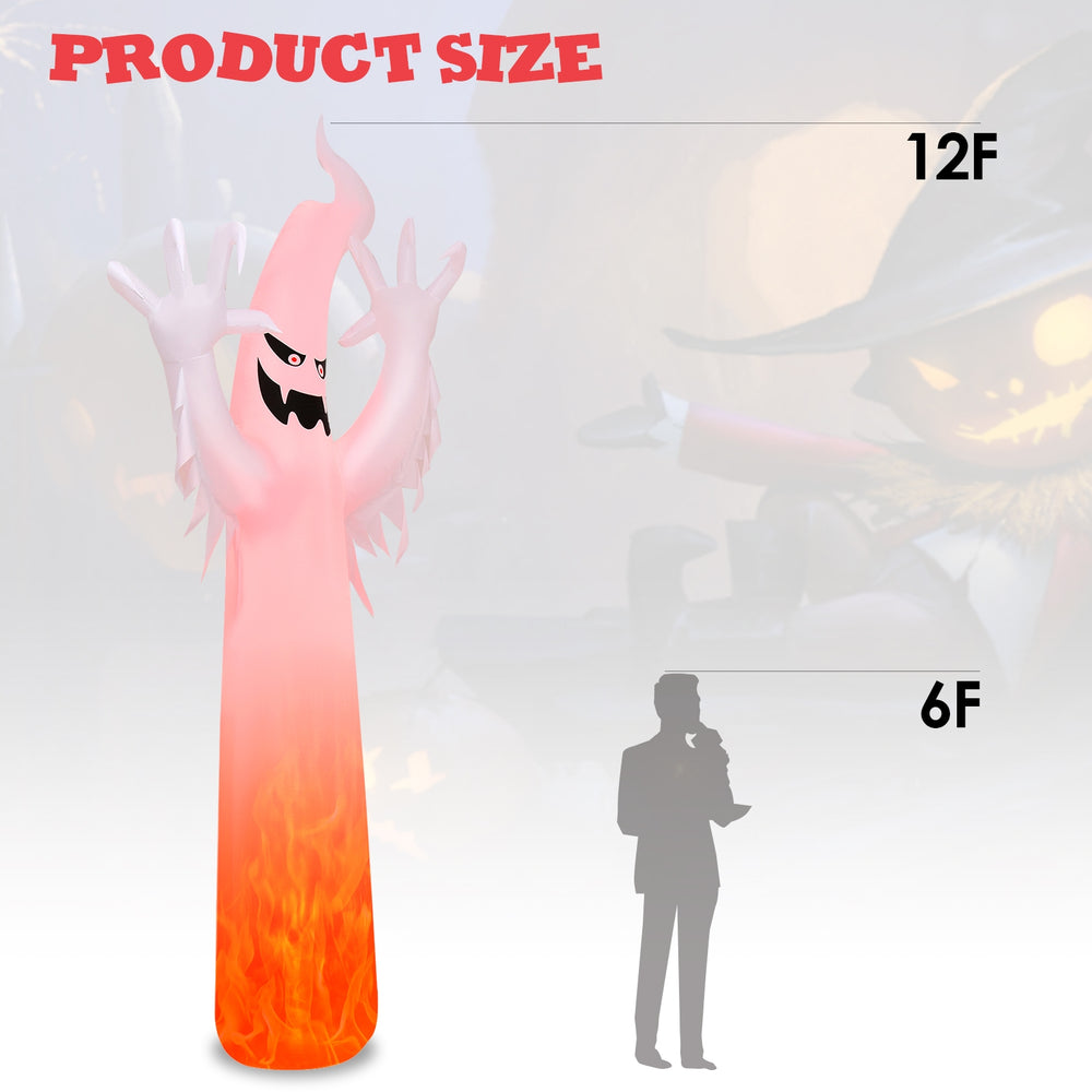 12-foot Halloween inflatable ghost decoration with built-in LED lights, featuring a waterproof surface for outdoor use.