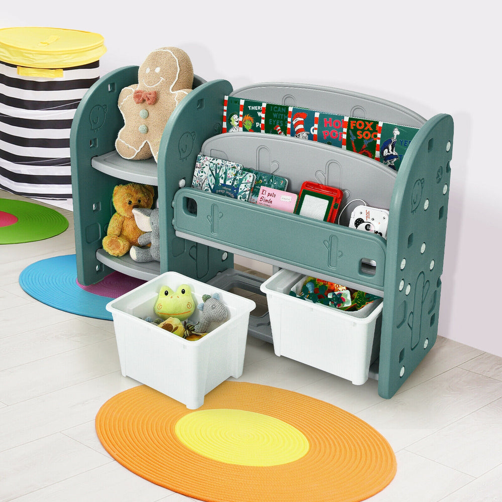 Kids toy storage organizer featuring a 2-tier bookshelf and detachable bins, crafted from safe HDPE material for easy.