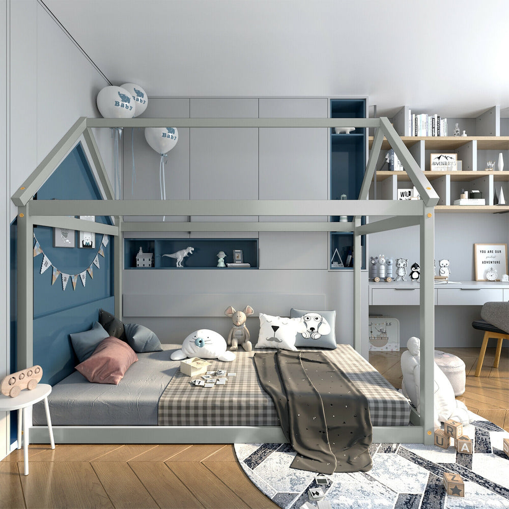 Stable Kids Platform Floor Bed with Roof and Heavy-Duty Slats-Gray - Gallery View 1 of 12