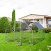 Large walk-in chicken coop run with galvanized steel frame and waterproof cover, perfect for outdoor chicken foraging.
