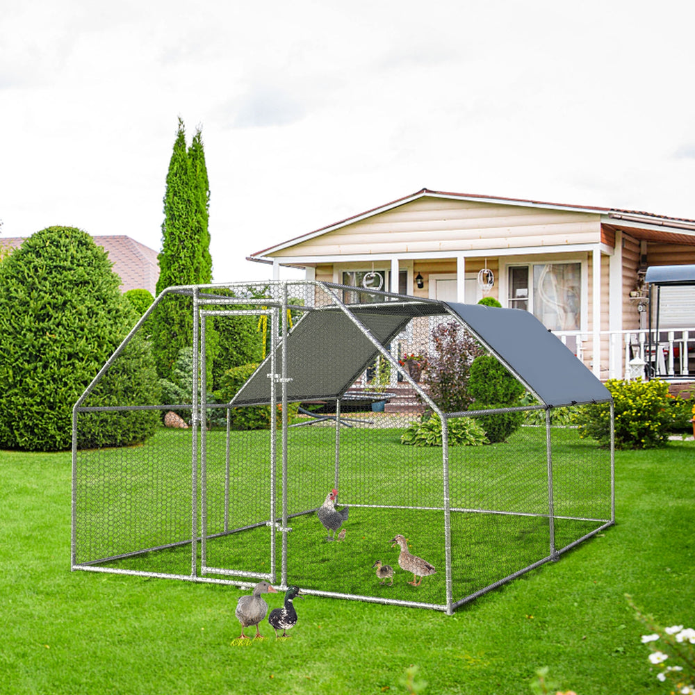 Large walk-in chicken coop run with galvanized steel frame and waterproof cover, perfect for outdoor chicken foraging.