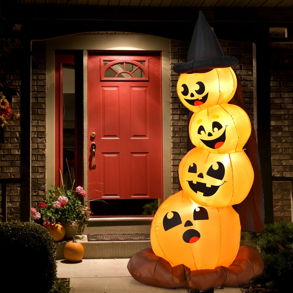 7-foot Halloween inflatable pumpkin combo with witch's hat, featuring LED lights for a festive outdoor display.
