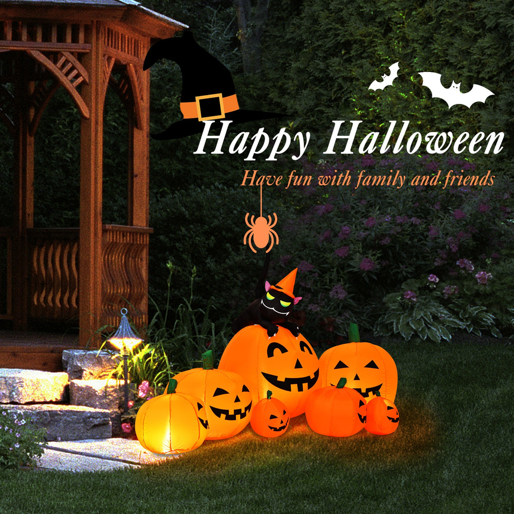 Inflatable Halloween pumpkin combo with witch black cat, featuring orange LED lights for outdoor decoration.