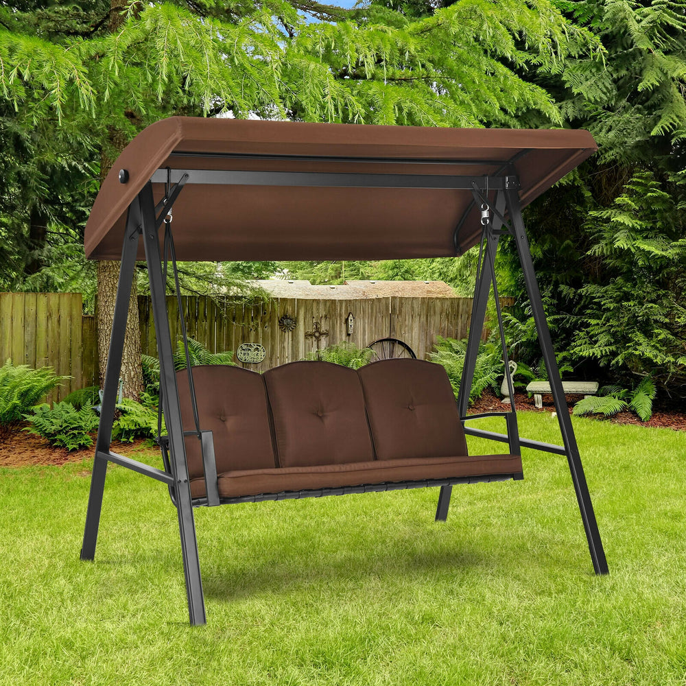 Outdoor 3-seat porch swing with adjustable canopy and soft cushions, perfect for backyard relaxation and comfort.