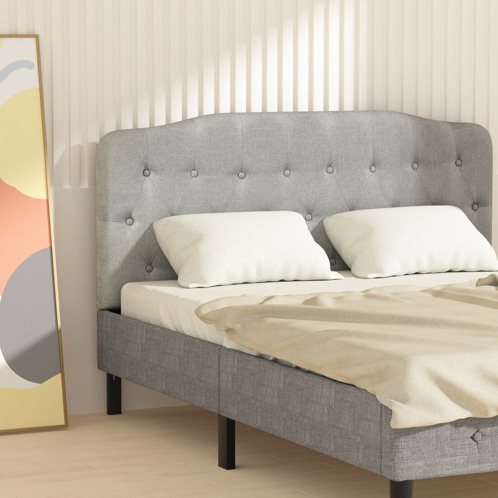 Light gray queen upholstered headboard with adjustable heights, featuring button details and soft sponge padding for.