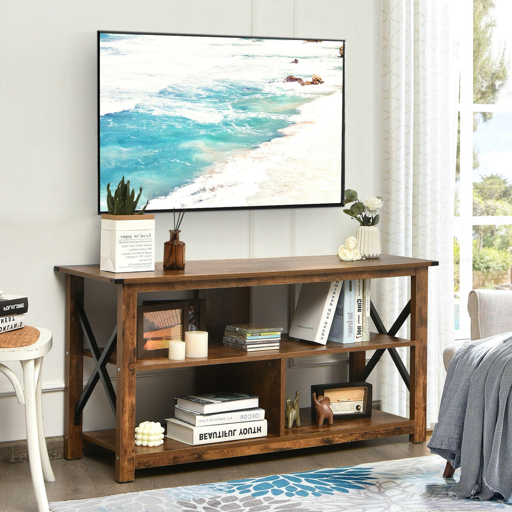 3-tier wood TV stand in brown with open shelves and X-shaped frame, perfect for living room or bedroom storage.