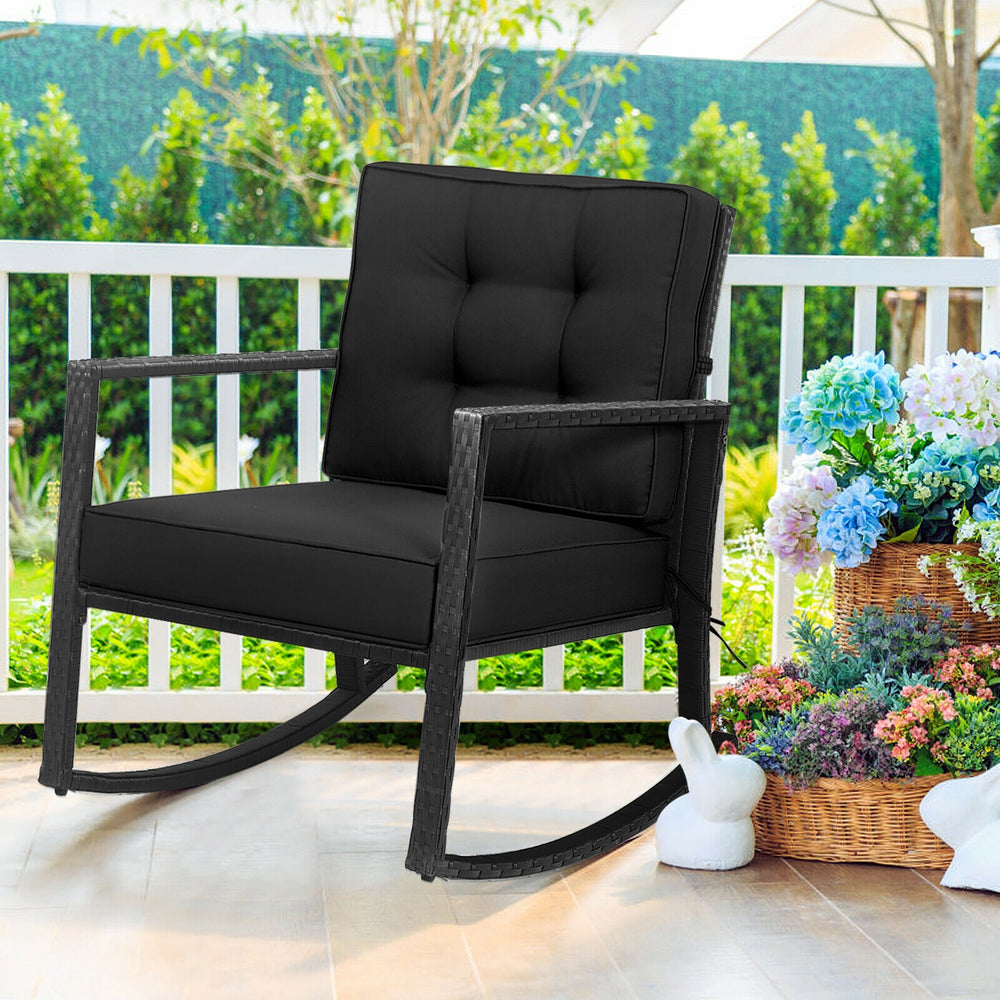 Patio Rattan Rocker Outdoor Glider Rocking Chair Cushion Lawn-Black - Gallery View 1 of 12