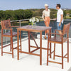 Two stylish acacia wood bar stools with sunflower patterned backrests, perfect for outdoor entertaining on patios or.