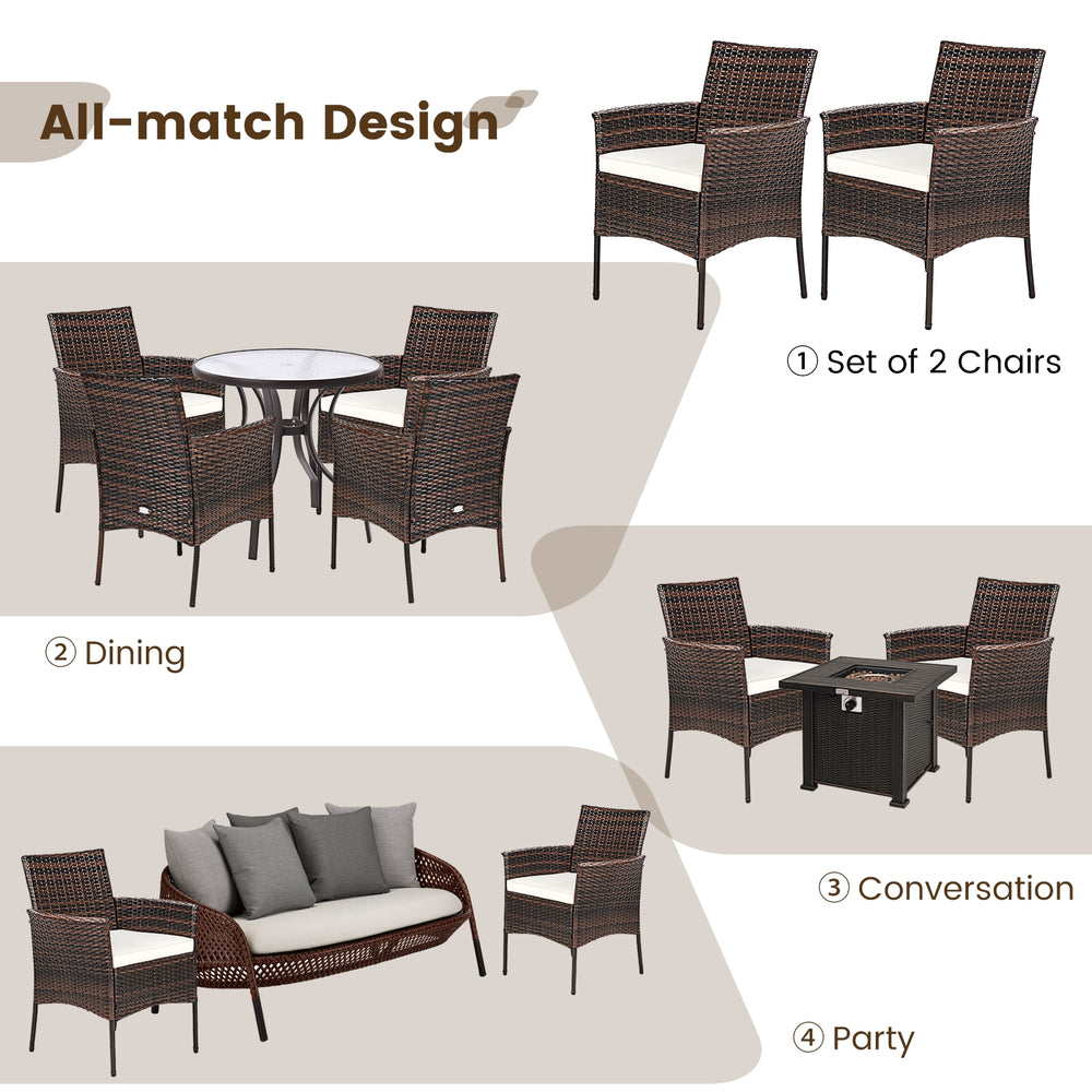 Set of 2 outdoor PE rattan armchairs with removable waterproof cushions, perfect for patio and garden relaxation.