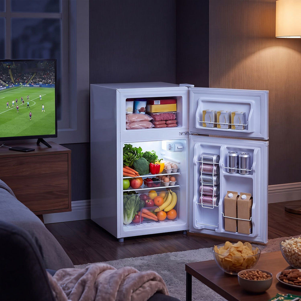 3.5 Cu.Ft Mini 2-Door Refrigerator with Freezer 7-Level Thermostat and 2 Removable Glass Shelves-White - Gallery View 1 of 10