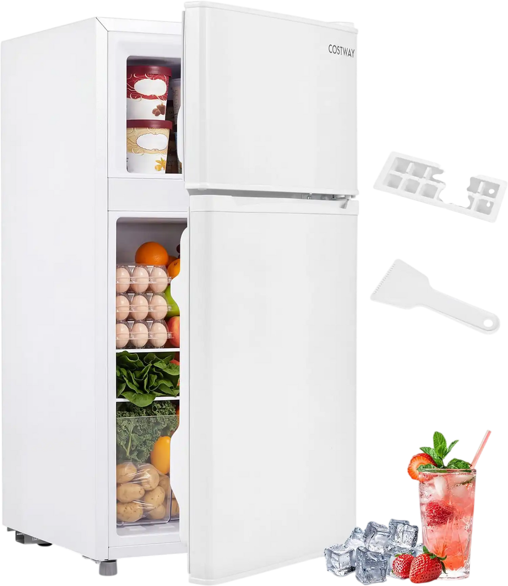Mini 2-door refrigerator with 3.5 cu.ft capacity, separate cooling zones, and removable glass shelves for versatile storage.