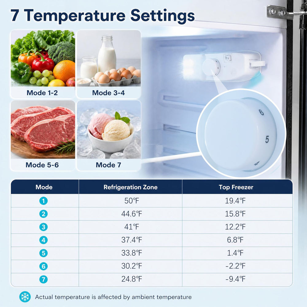 3.5 cu.ft mini refrigerator with freezer features 7 temperature settings and removable glass shelves for versatile storage.