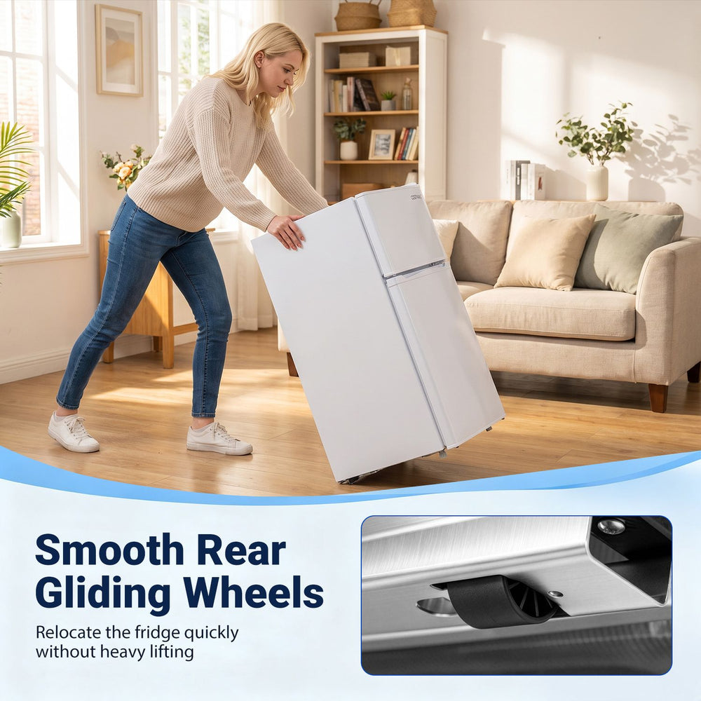 Mini 2-door refrigerator with smooth rear gliding wheels for easy relocation, featuring a 3.5 cu.ft capacity and 7-level thermostat.