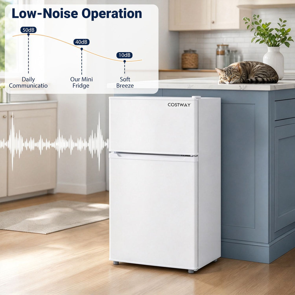 Mini 2-door refrigerator with freezer, 3.5 cu.ft capacity, 7-level thermostat, ideal for dorms and apartments.