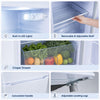 Crisper drawer and removable adjustable shelf in the 3.5 cu.ft mini refrigerator with built-in LED lights for optimal organization.