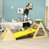 Yellow wooden triangle climber set with ramp, designed for kids' play, enhancing motor skills and balance.