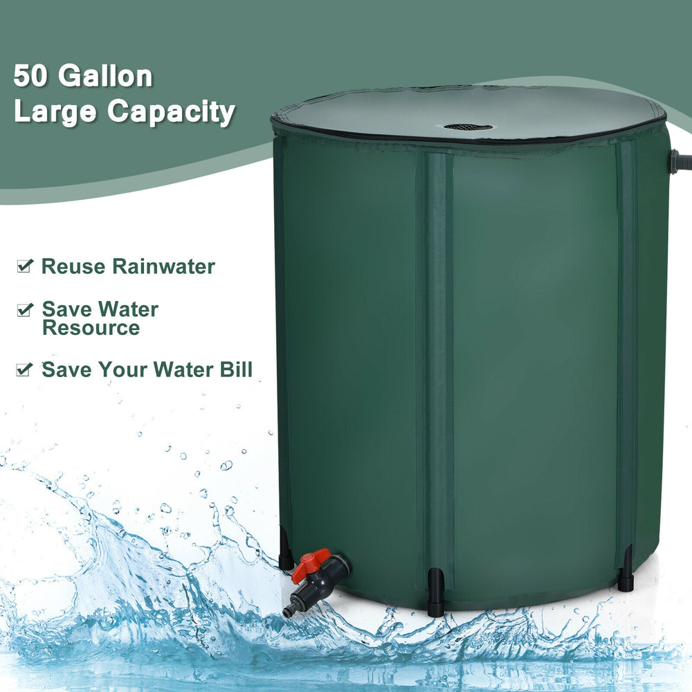 Portable 53-gallon collapsible rain barrel with zippered mesh cover for collecting rainwater, ideal for garden use.