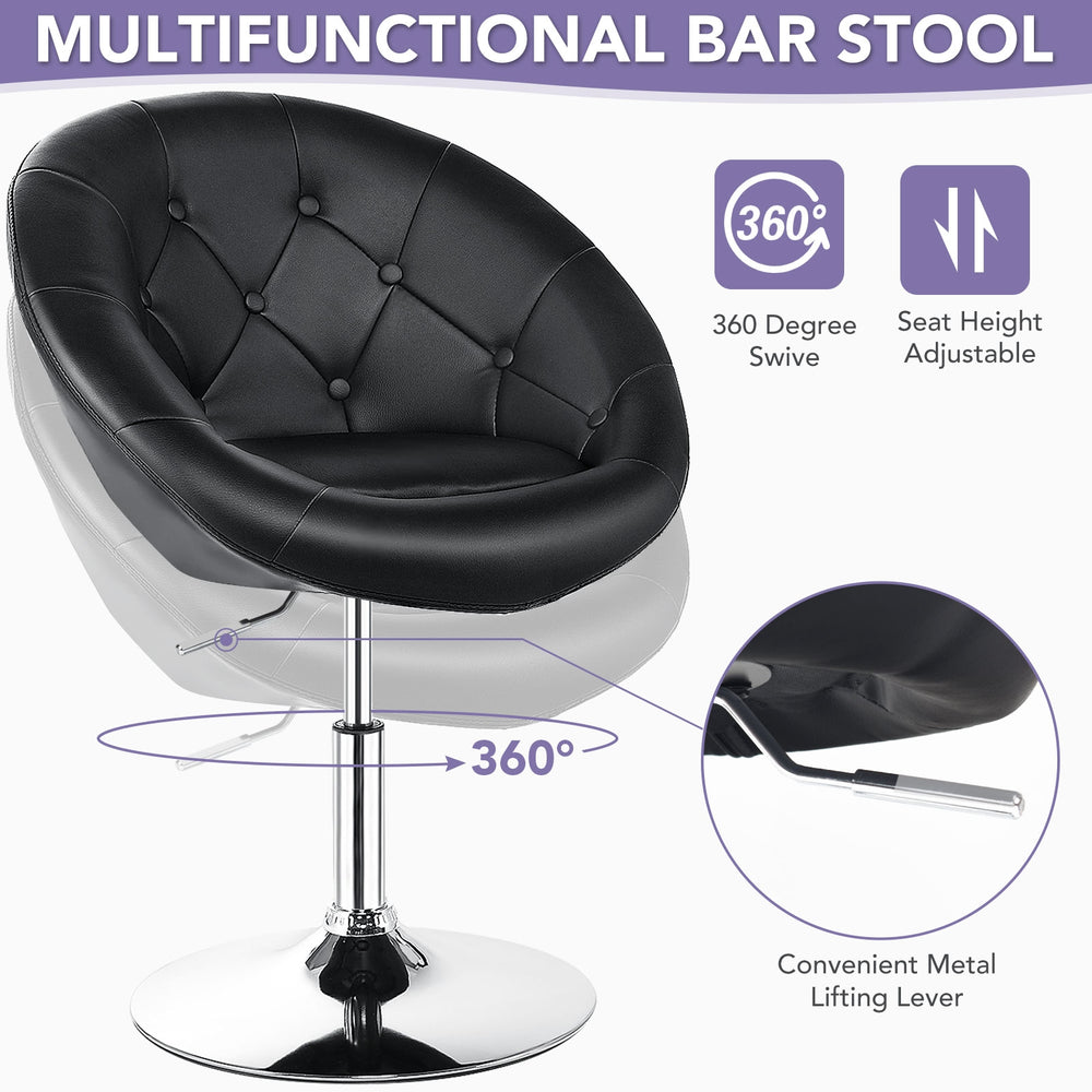 Modern adjustable swivel bar stool in black PU leather with tufted back, ideal for home or bar use.