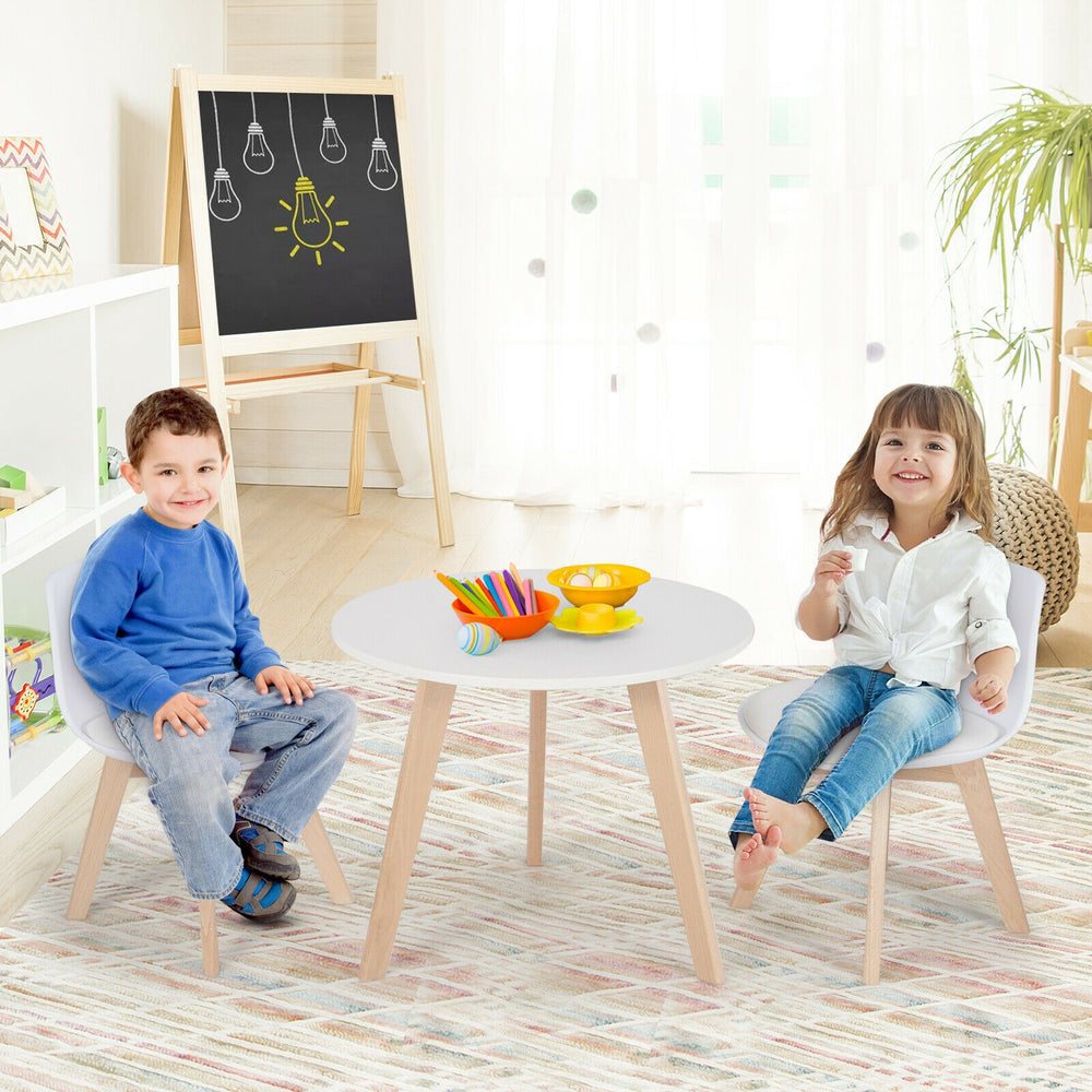 Kids activity play table with two chairs, featuring beech legs and padded seats, ideal for playtime and learning.