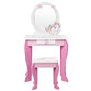 Kids wooden makeup dressing table and chair set in pink with mirror, drawer, and cute unicorn design for imaginative.