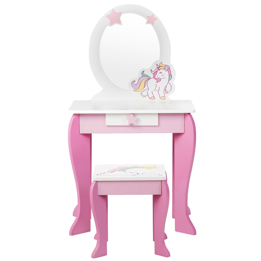 Kids wooden makeup dressing table and chair set in pink with mirror, drawer, and cute unicorn design for imaginative.