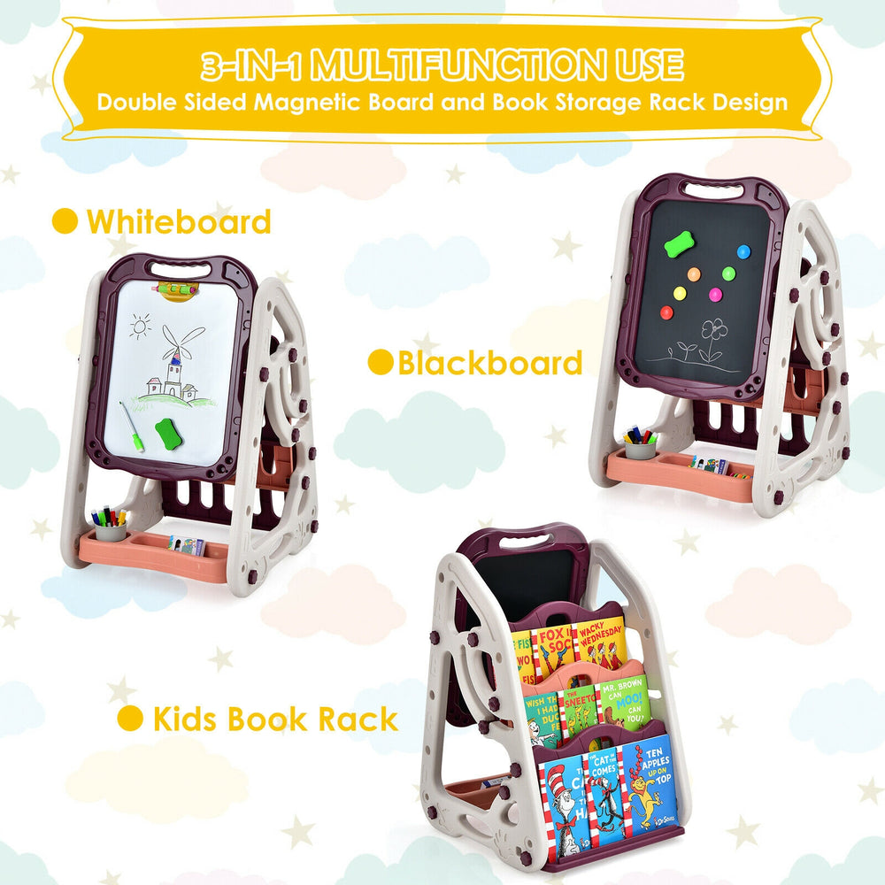 3-in-1 kids art easel featuring a double-sided whiteboard and chalkboard with a bookshelf for creative play and storage.