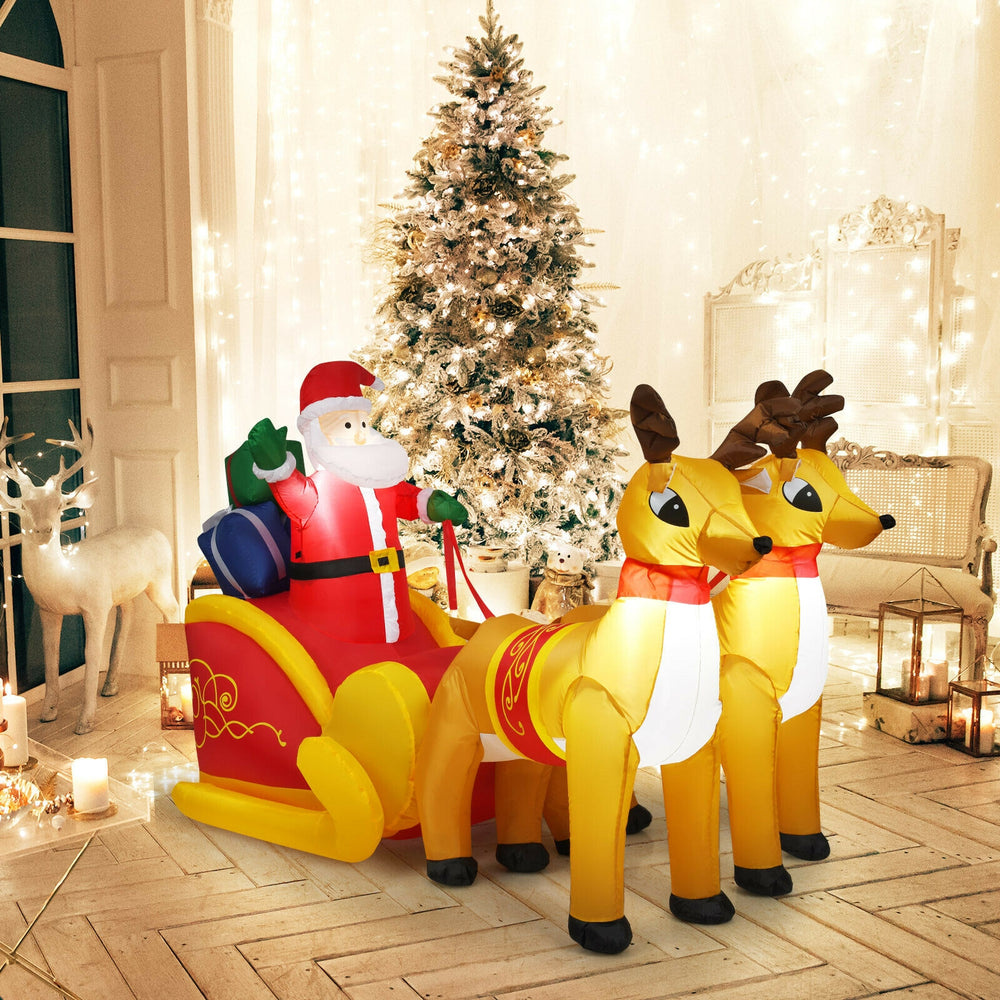 Inflatable 7.5 feet Santa with double deer and sled, waterproof, LED lights, perfect for outdoor Christmas decoration.