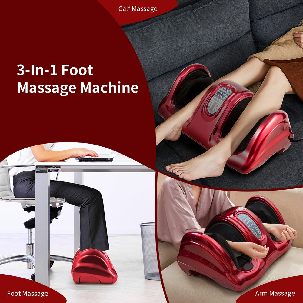 Therapeutic Shiatsu foot massager in red, featuring high-intensity rollers and removable sleeves for comfort and.