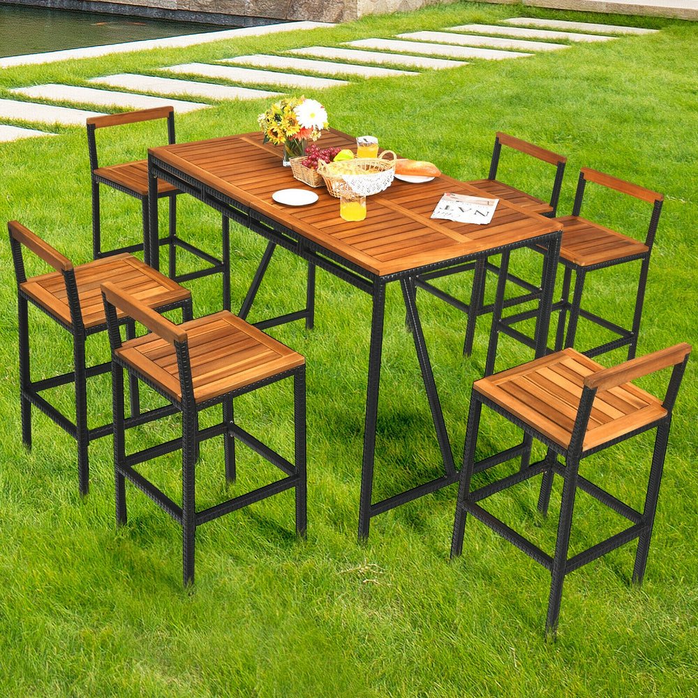 7-piece acacia wood patio bar set with 6 stools and umbrella hole, perfect for outdoor dining and gatherings.