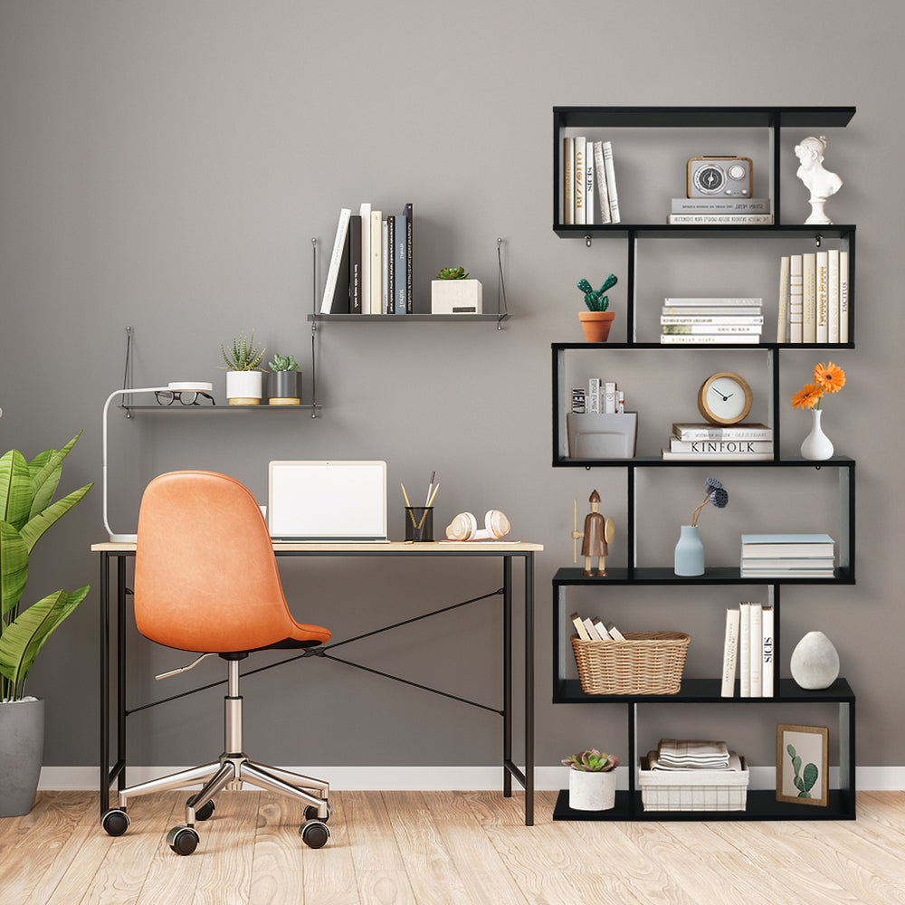 S-shaped 6-tier black bookshelf with spacious compartments, ideal for displaying decor and storing books in any room.