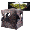 Portable deer hunting blind with camo design, six full view windows, and lightweight fiberglass frame for easy setup.