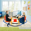 Kids enjoying the red outdoor seesaw swivel teeter, featuring ergonomic seats and widened handrails for safety.