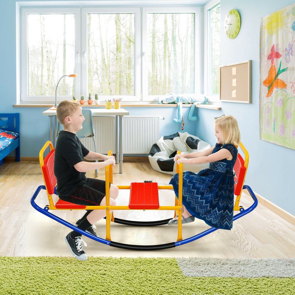 Kids enjoying the red outdoor seesaw swivel teeter, featuring ergonomic seats and widened handrails for safety.