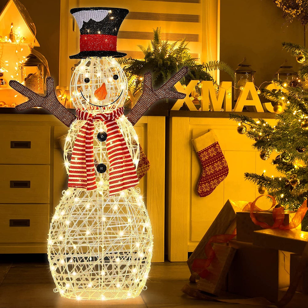 Lighted snowman decoration with 80 warm LED lights, perfect for indoor or outdoor festive displays.