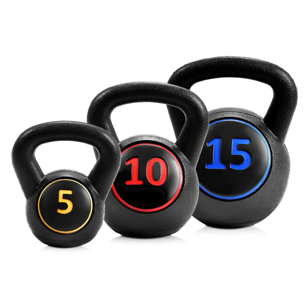 Three kettlebells in 5, 10, and 15lbs with comfortable grips, ideal for strength training and full-body workouts.