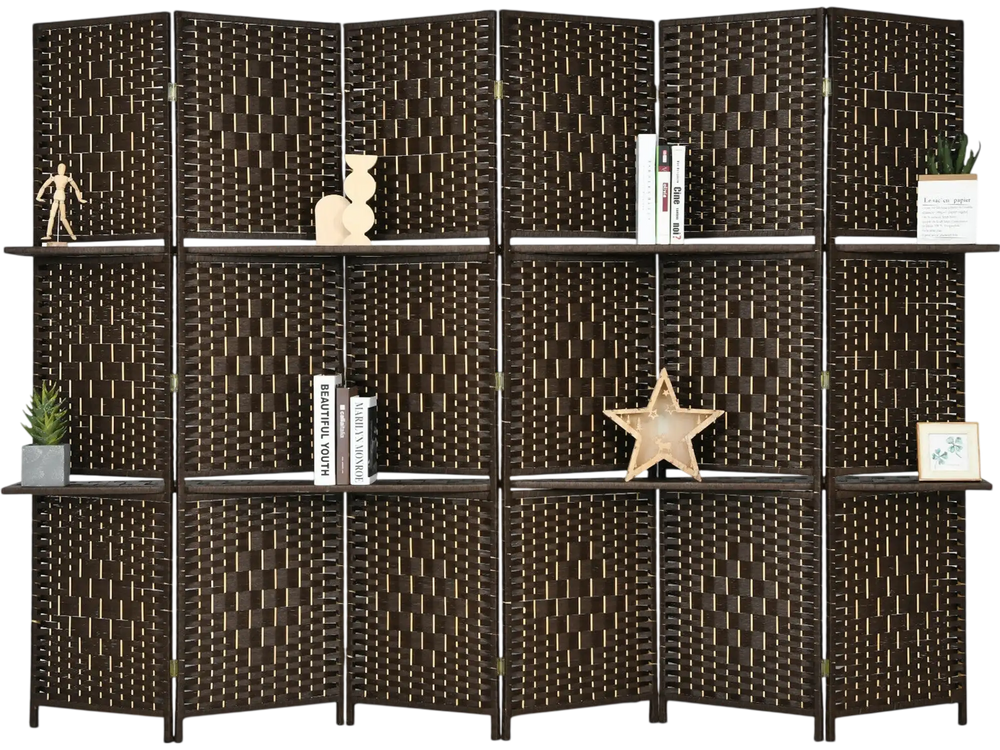 6-panel folding room divider in brown with hand-woven fiber and 2 display shelves, ideal for creating private spaces.
