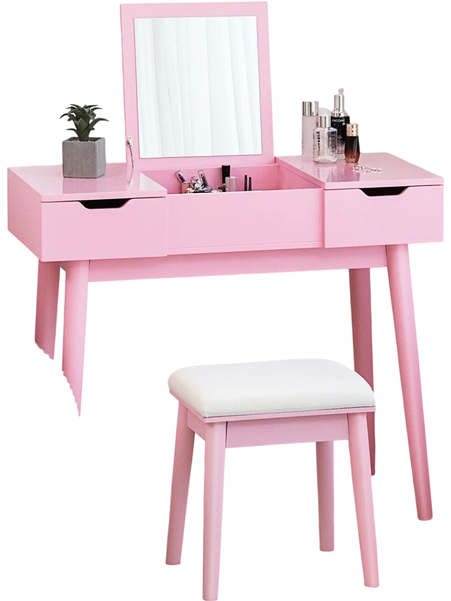 Costway Makeup Vanity Table Set Flip Top Mirror 2 Drawers Pink 48736501 New