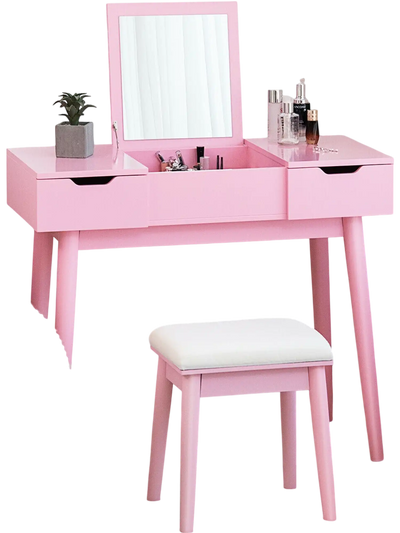 Costway Makeup Vanity Table Set Flip Top Mirror 2 Drawers Pink 48736501 New