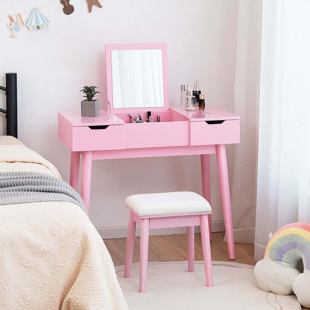 Makeup Vanity Table Set with Flip Top Mirror and 2 Drawers-Pink - Gallery View 1 of 9