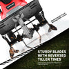 Sturdy tiller blades with reversed tines for efficient soil cultivation, featuring a 14-inch width and 9-inch depth.